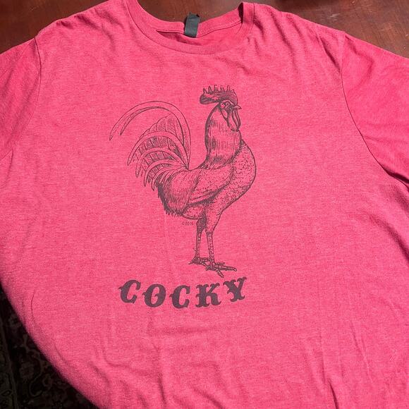 Red Unisex "COCKY" T Shirt With a Rooster on the front & Mason Jar on sleeve - Picture 1 of 9